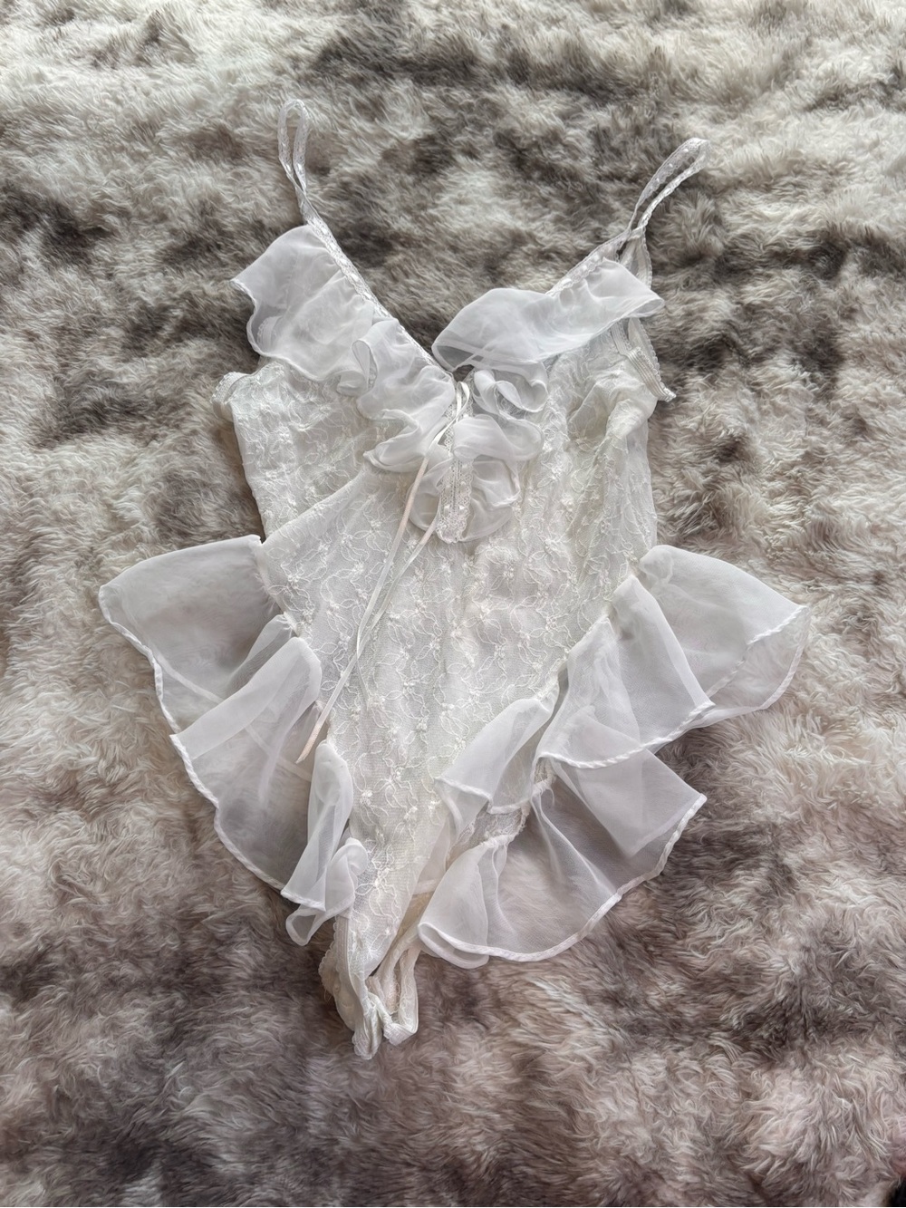 Vintage Circa 2000 White Lace Ruffle bodysuit  with Sheer Trim